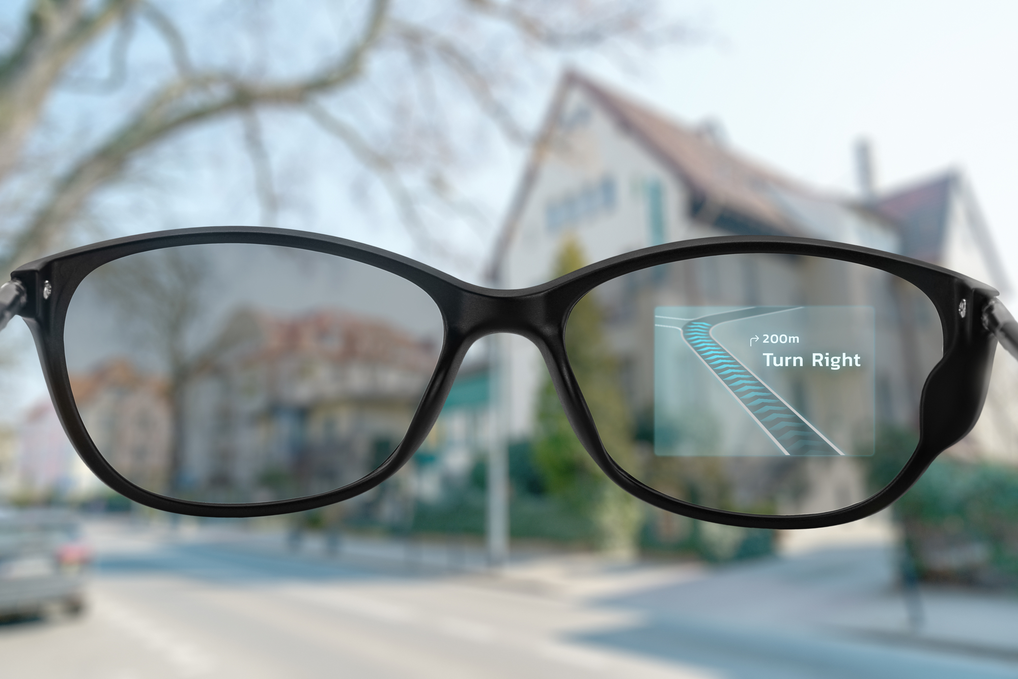 Pov of using smart glasses for navigation in the city